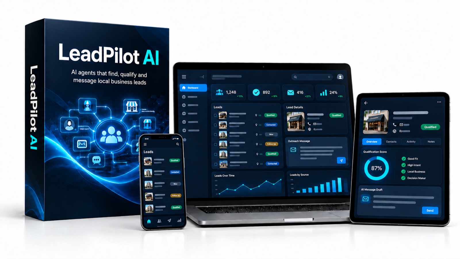 LeadPilot AI product box with lead management dashboards