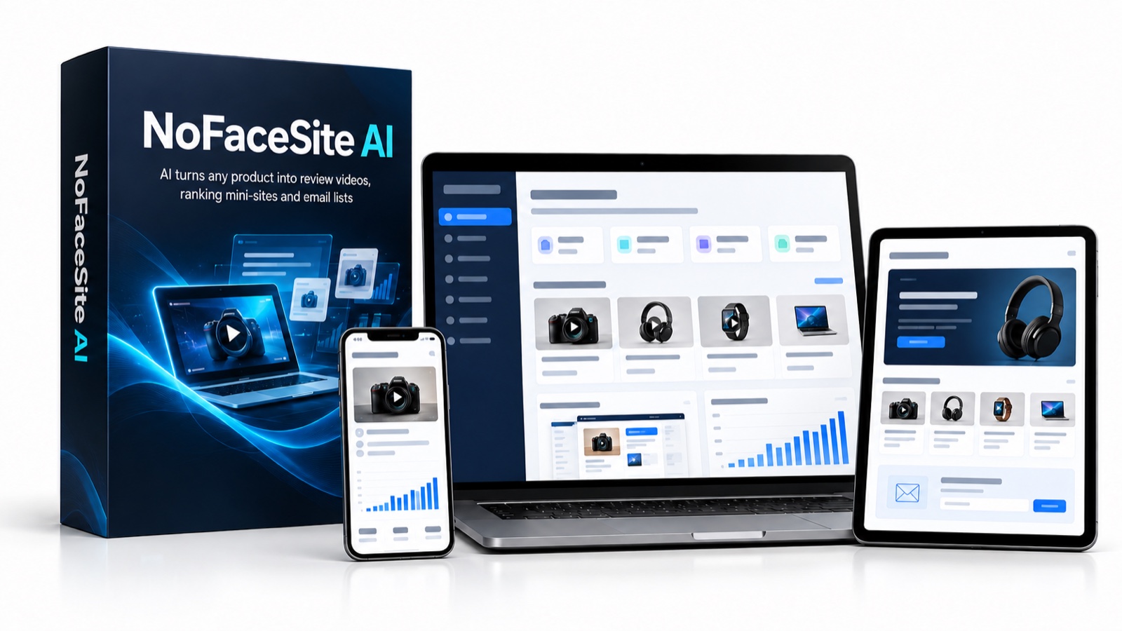 NoFaceSite AI product box with laptop, monitor, tablet and phone mockups