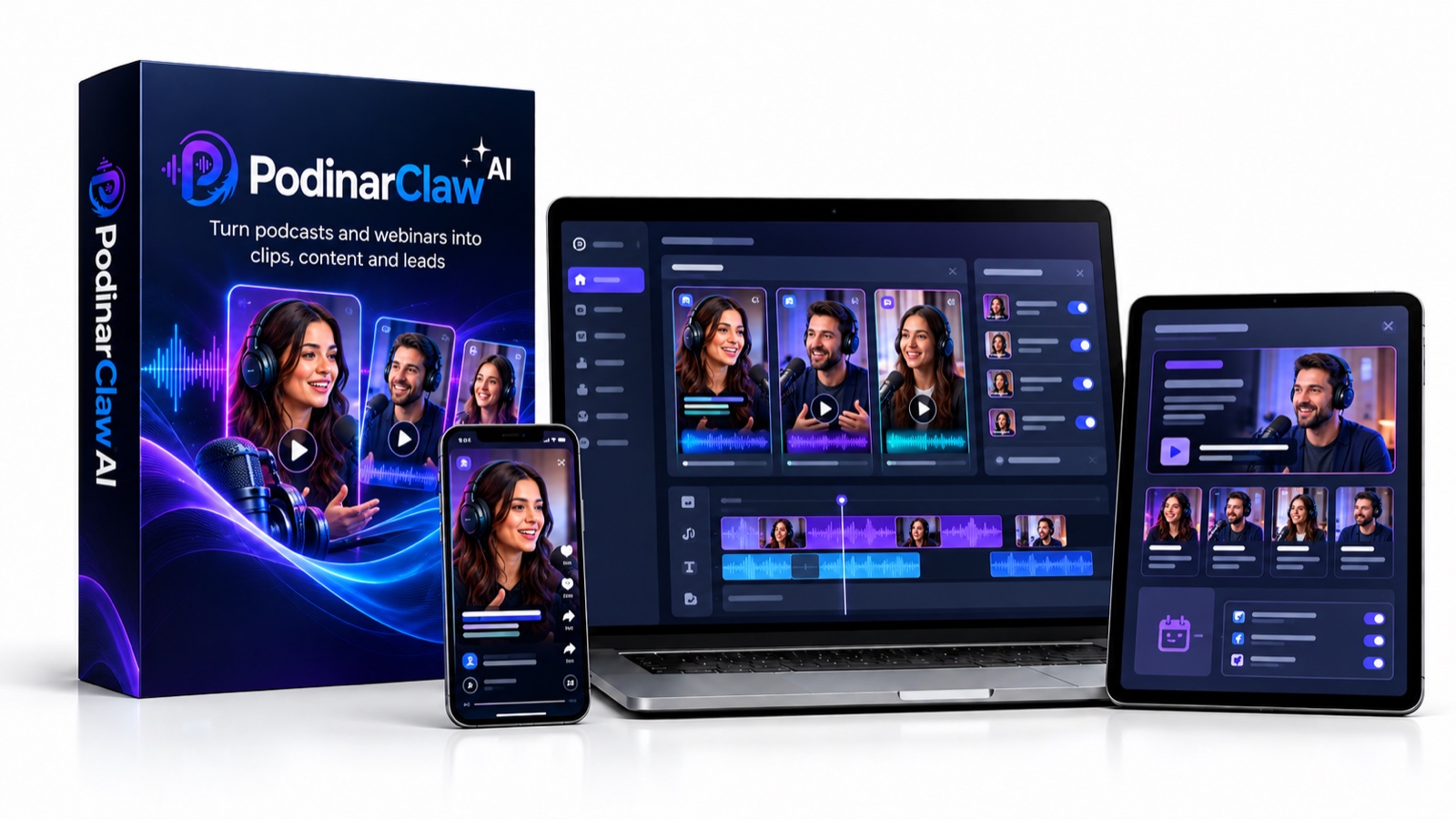 PodinarClaw AI product box with podcast and video editing dashboards