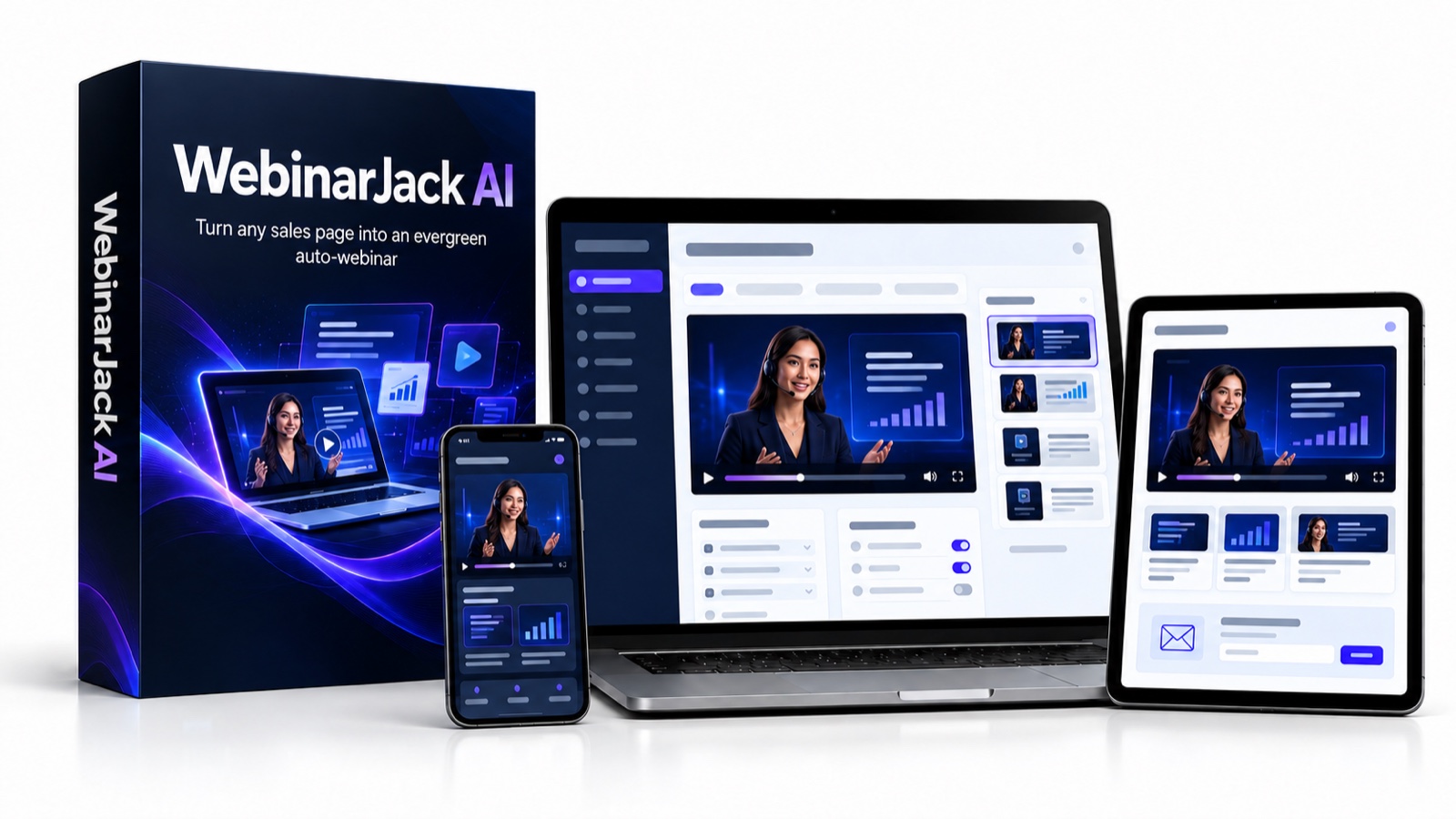 WebinarJack AI product box with webinar player dashboards