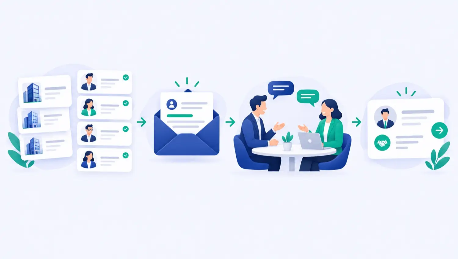 Ilustrasi konseptual: riset akun perusahaan berlanjut menjadi percakapan email, lalu prospek yang berminat diteruskan ke tim sales.