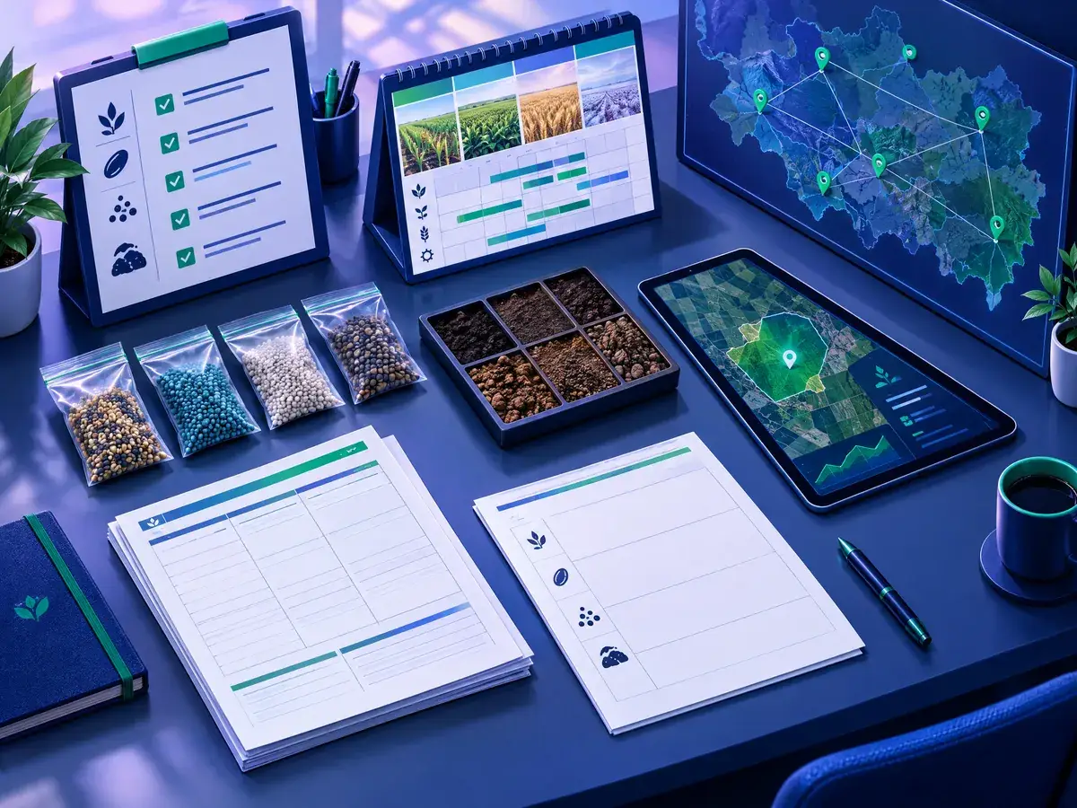 Ilustrasi meja kerja agronomis dengan papan checklist, karung sampel benih dan pupuk, lembar spesifikasi, tablet, dan peta jaringan dealer