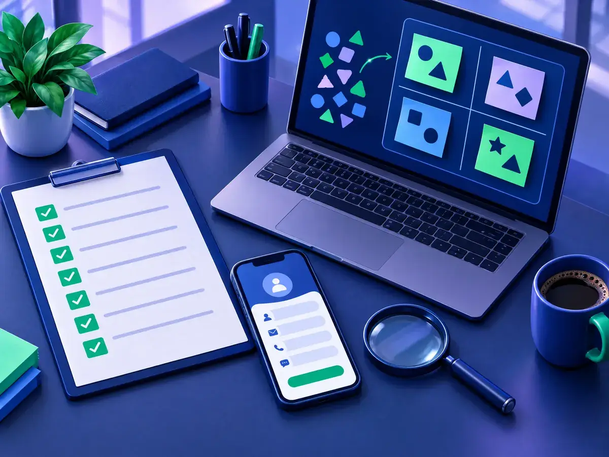 Ilustrasi meja kerja dengan checklist pemeriksaan website, laptop, ponsel, dan kaca pembesar
