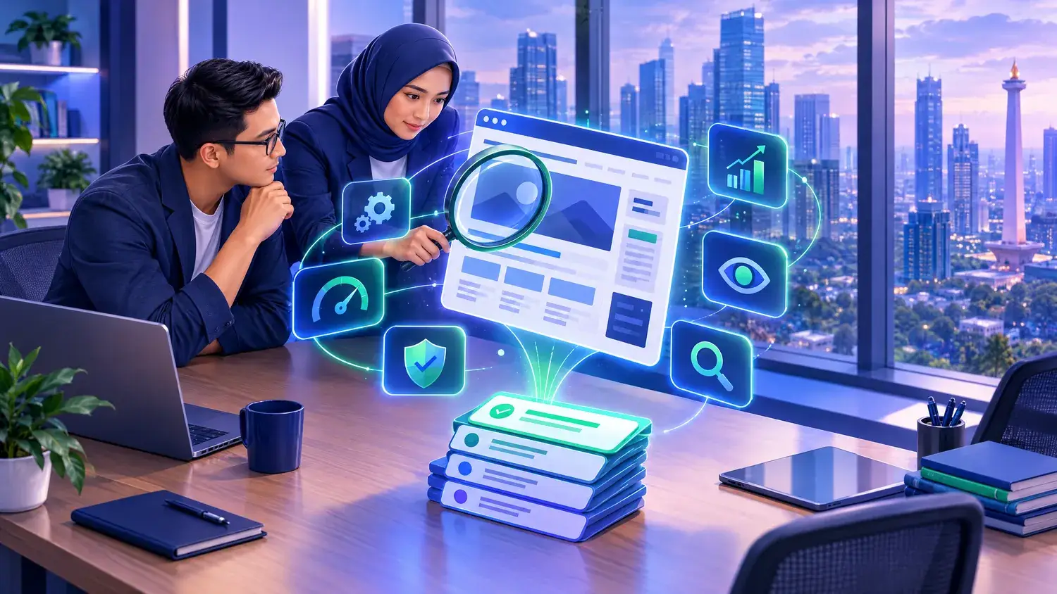 Ilustrasi tim di kantor Jakarta memeriksa halaman website dengan kaca pembesar, lalu menyusun daftar prioritas perbaikan