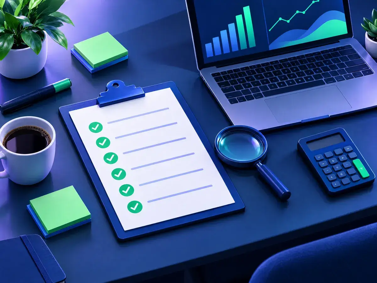 Illustration of a desk with a Google Ads audit checklist, a laptop with abstract charts and a magnifying glass