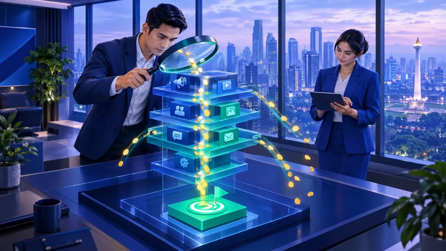 Illustration of an analyst in a Jakarta office examining a large layered advertising account structure with a magnifying glass, with some budget streams leaking away