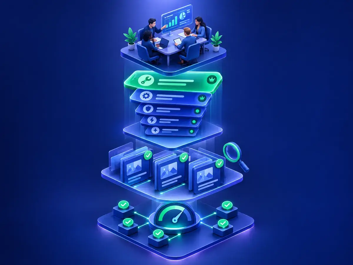 Illustration of an audit flow from tracking checks to campaign review to a ranked list of fixes