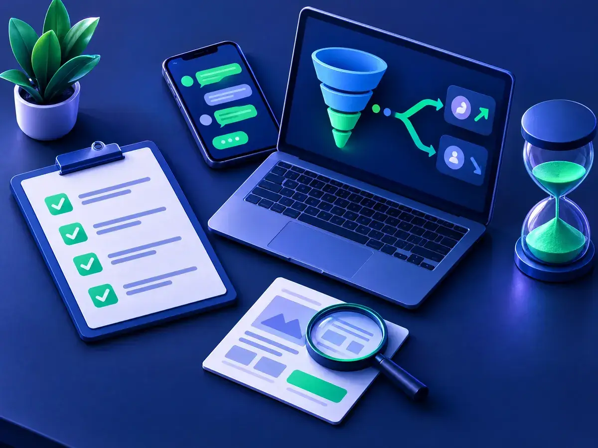Illustration of a desk with a checklist, a phone showing an abstract chat screen, a laptop with funnel shapes and a magnifying glass