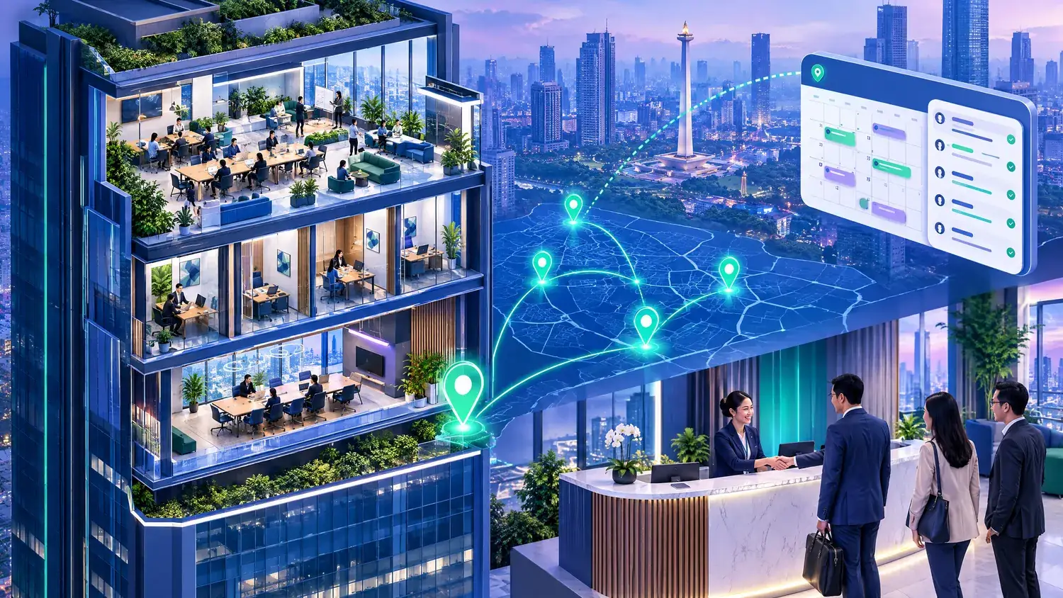Ilustrasi gedung perkantoran dengan beberapa lantai coworking yang terhubung ke pin lokasi di peta dan kalender jadwal tur