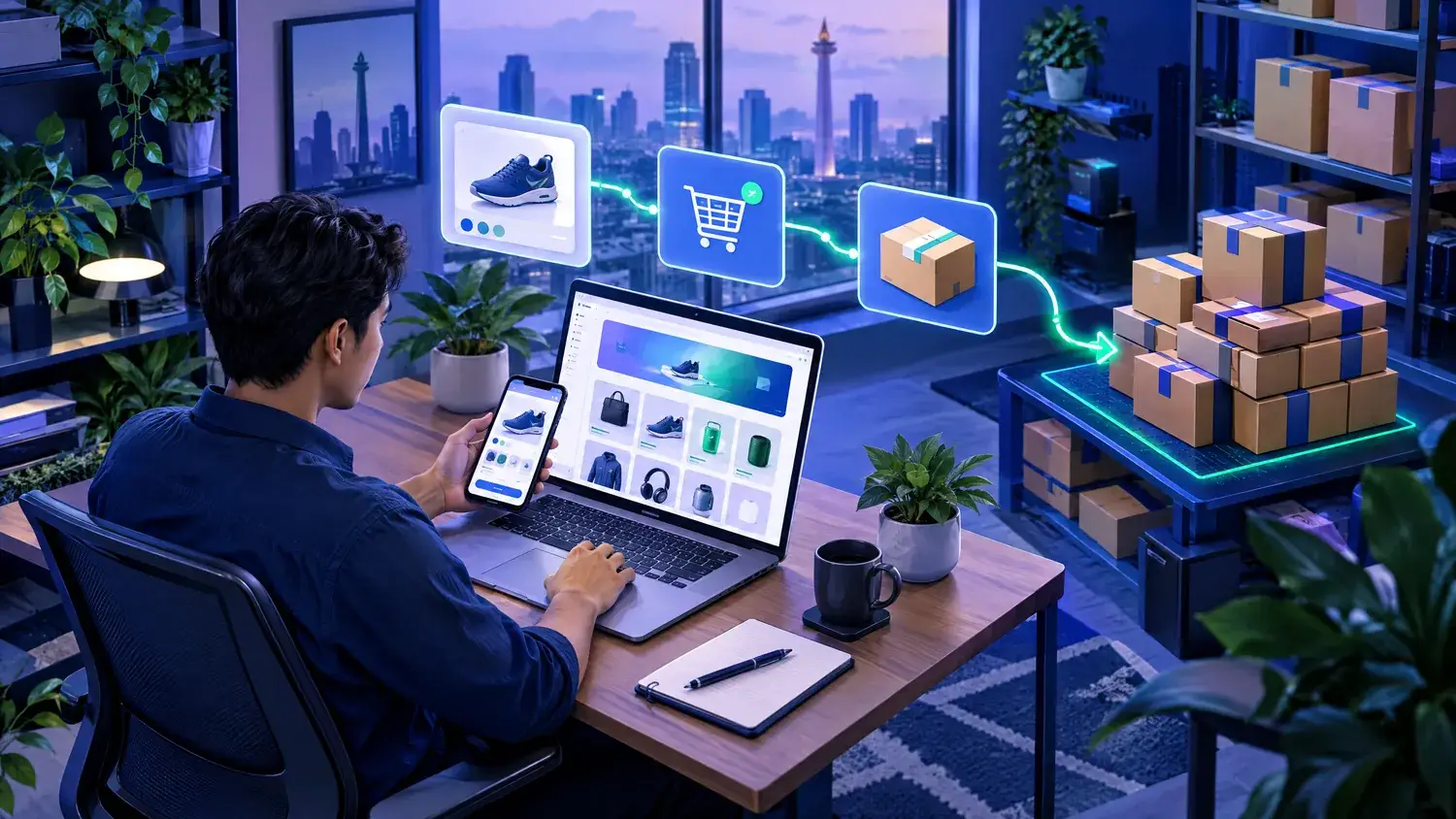 Ilustrasi pemilik brand di Jakarta yang melihat toko online di laptop dan ponsel, dengan alur dari halaman produk ke keranjang dan konfirmasi pesanan