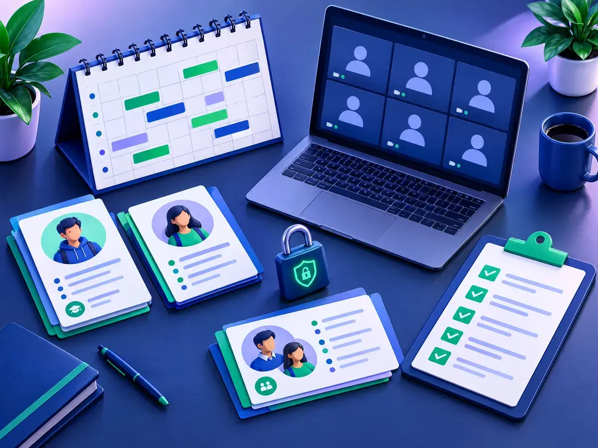 Illustration of a recruitment planning workspace with an intake calendar, a webinar screen, parent and student profile cards and a checklist