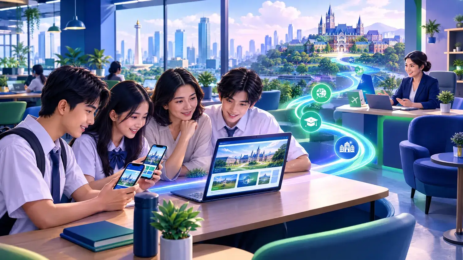 Illustration of Indonesian students and parents exploring an international study programme on phones and laptops, with an admissions team in the background