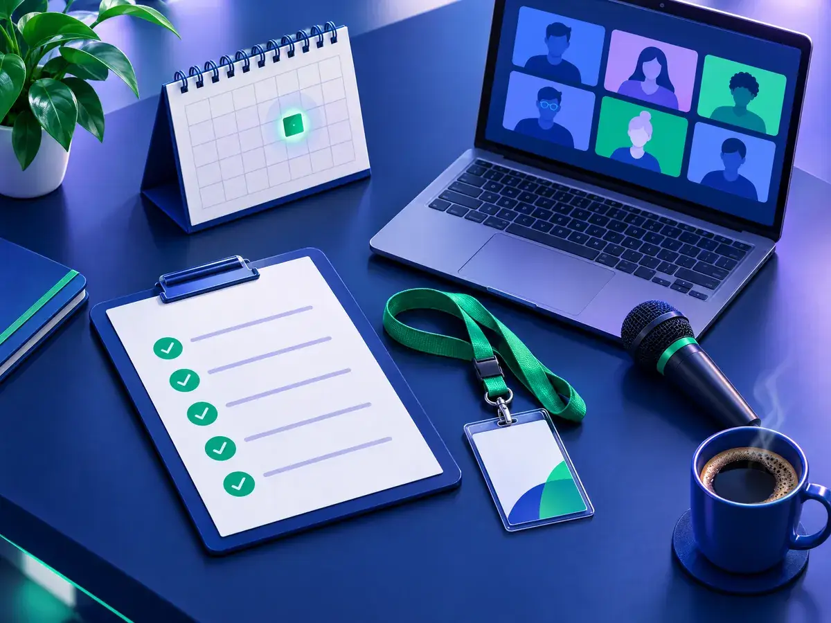 Ilustrasi meja kerja dengan checklist persiapan webinar, kalender, dan laptop berisi daftar pendaftar
