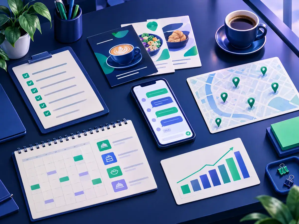 Ilustrasi meja kerja coffee shop dengan papan checklist, kartu menu, peta outlet, ponsel, dan kalender pesanan catering