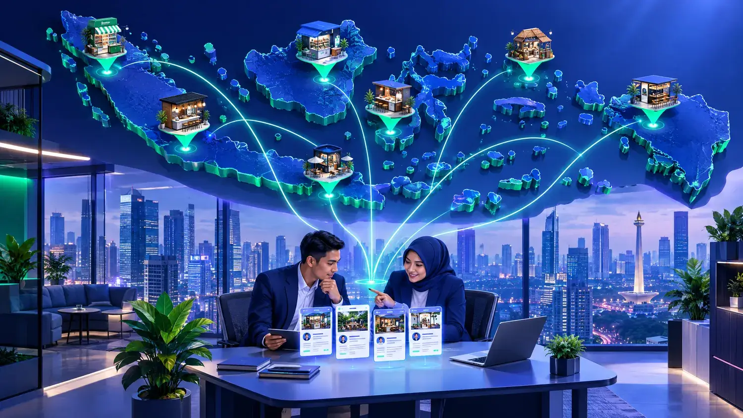 Ilustrasi peta kota dengan titik lokasi gerai yang terhubung ke meja tim kemitraan di kantor Jakarta
