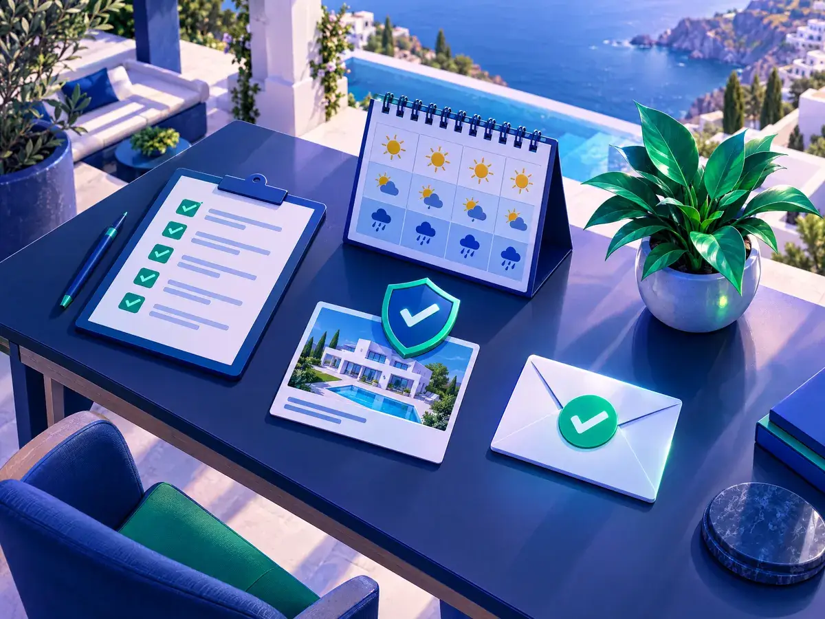 Illustration of a desk in a tropical villa office with a checklist, a seasonal calendar, a booking flow diagram and a guest email