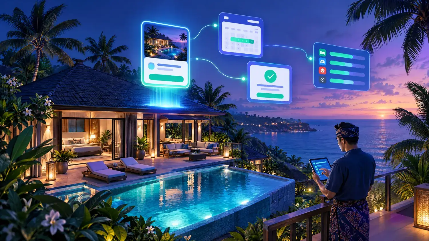 Illustration of a tropical boutique villa with a pool, connected to a direct-booking website and a dashboard of booking channels