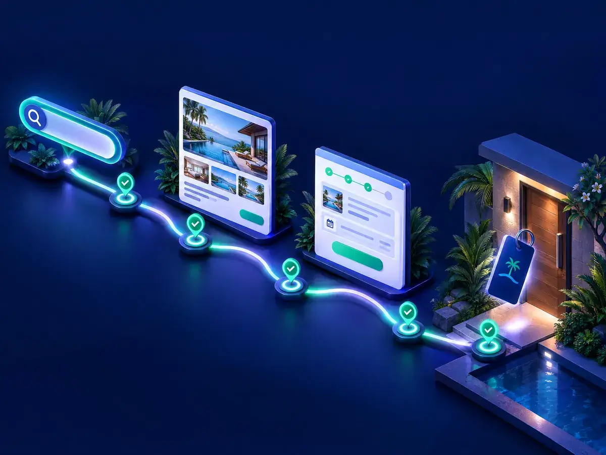 Illustration of a guest journey from a search to a property page, a booking engine and a confirmation, with tracking points along the way