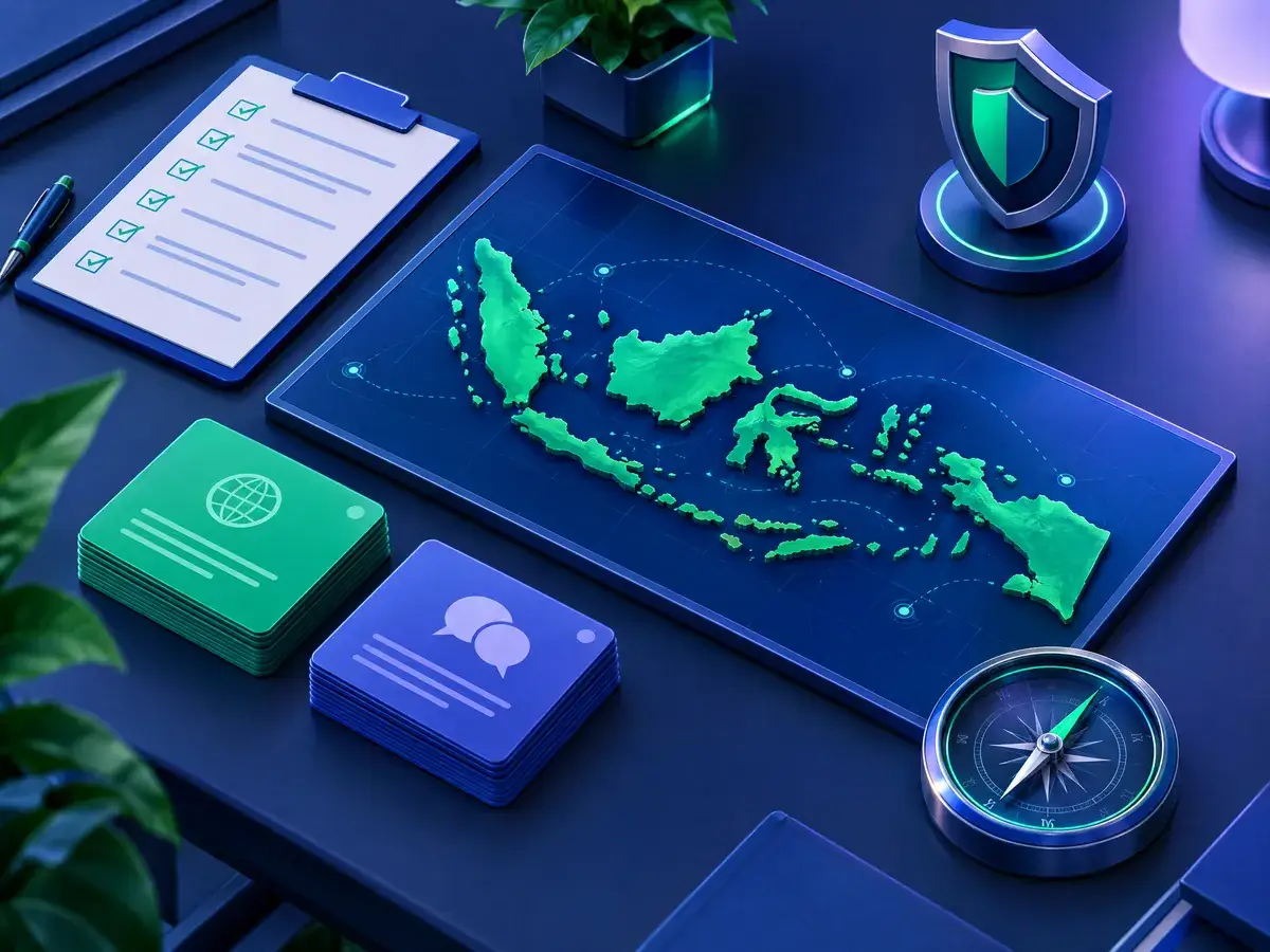 Illustration of a market-entry planning desk with a checklist, a map of Indonesia and bilingual message cards
