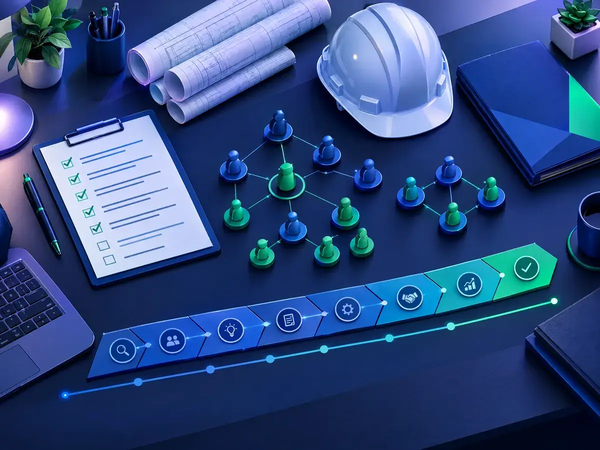 Illustration of an engineering desk with a checklist board, technical drawings, a company profile folder and a buyer role map