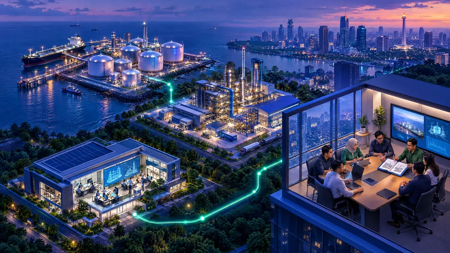 Illustration of an industrial facility with a terminal, plant and engineering office connected by light paths to a meeting between technical buyers and a sales team in Jakarta
