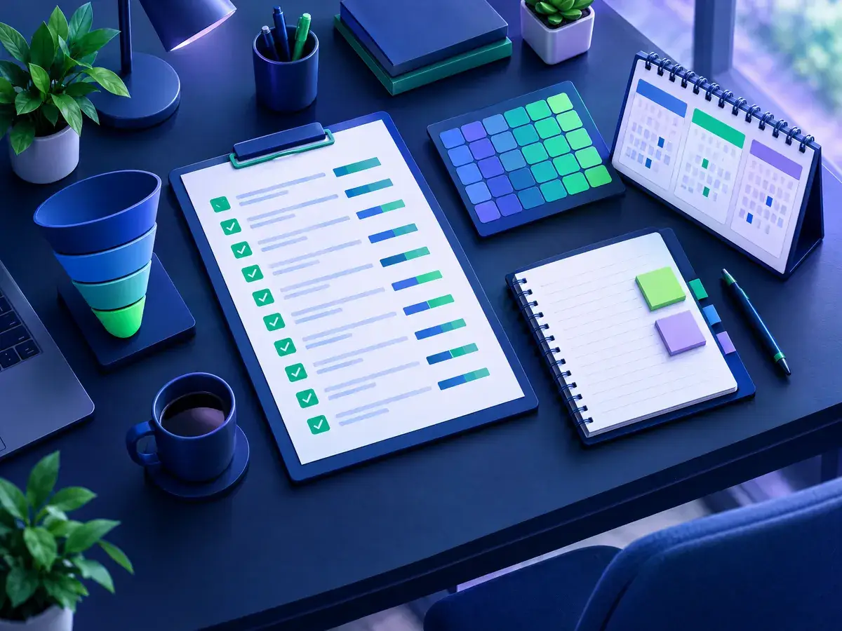 Ilustrasi meja kerja dengan checklist audit, diagram funnel, dan papan roadmap yang dibagi tiga fase