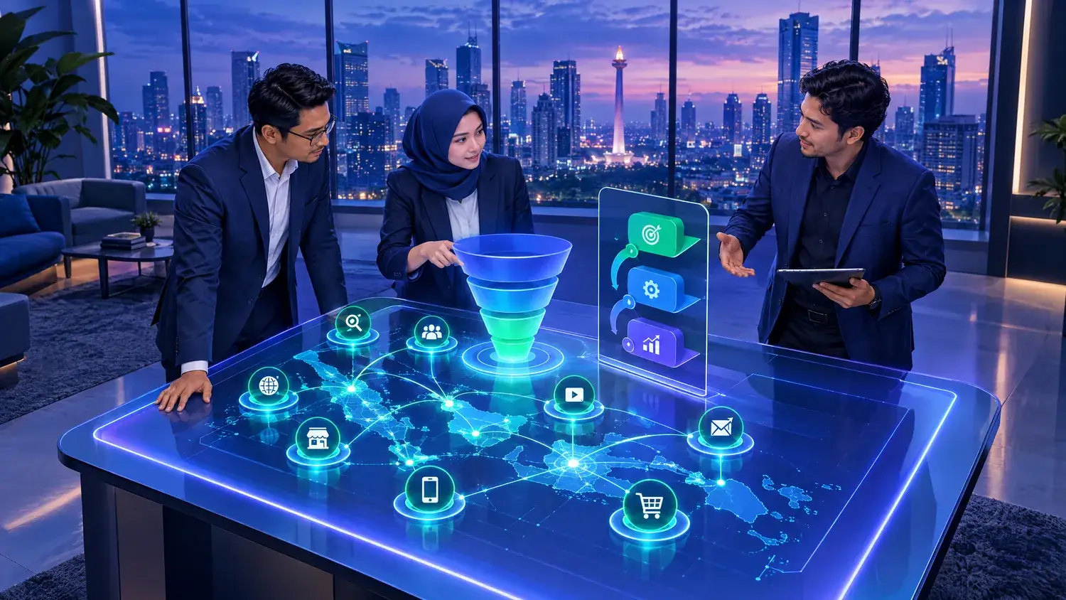 Ilustrasi meja rapat di kantor Jakarta dengan peta kanal marketing, diagram funnel, dan papan roadmap tiga fase