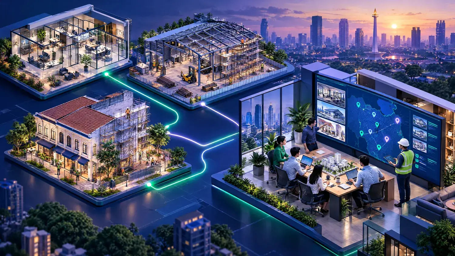 Ilustrasi lokasi proyek fit-out kantor dan gudang yang terhubung lewat jalur cahaya ke website portofolio proyek dan meja estimasi di kantor kontraktor di Jakarta