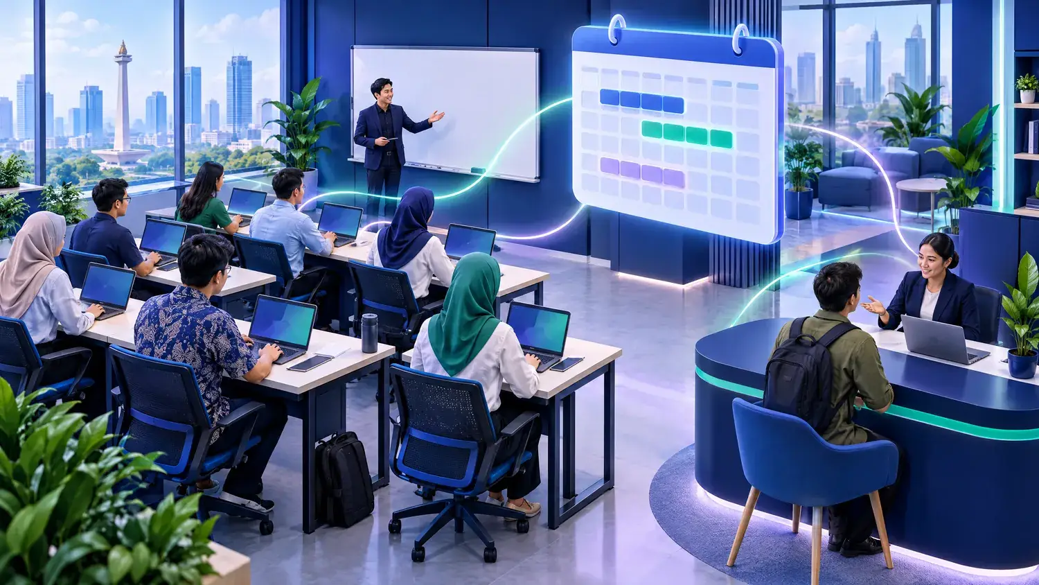 Ilustrasi ruang kelas pelatihan modern dengan peserta dewasa dan pengajar, terhubung lewat jalur cahaya ke kalender angkatan dan meja tim admisi di Jakarta