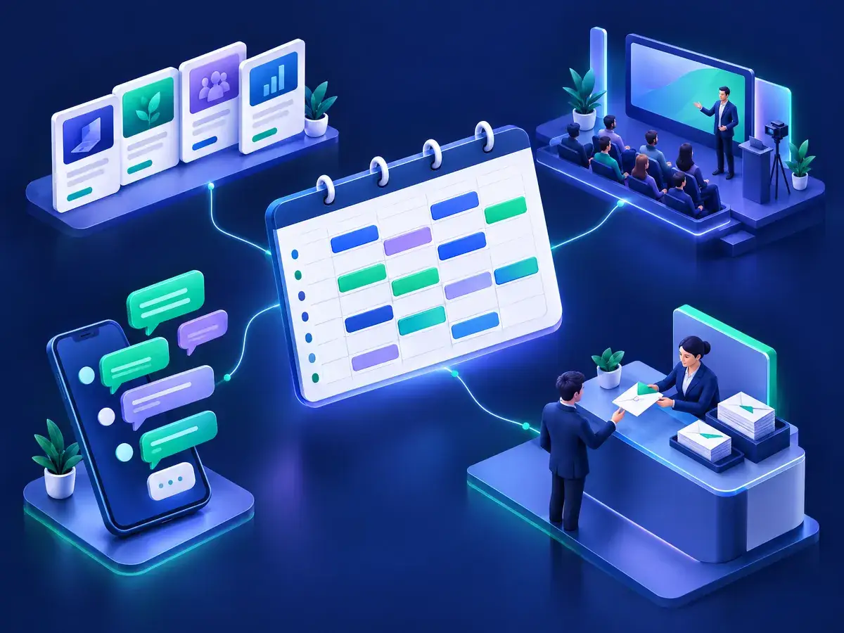 Ilustrasi kalender angkatan yang terhubung ke beberapa halaman program, sesi webinar, percakapan pesan, dan meja admisi yang menerima pembayaran