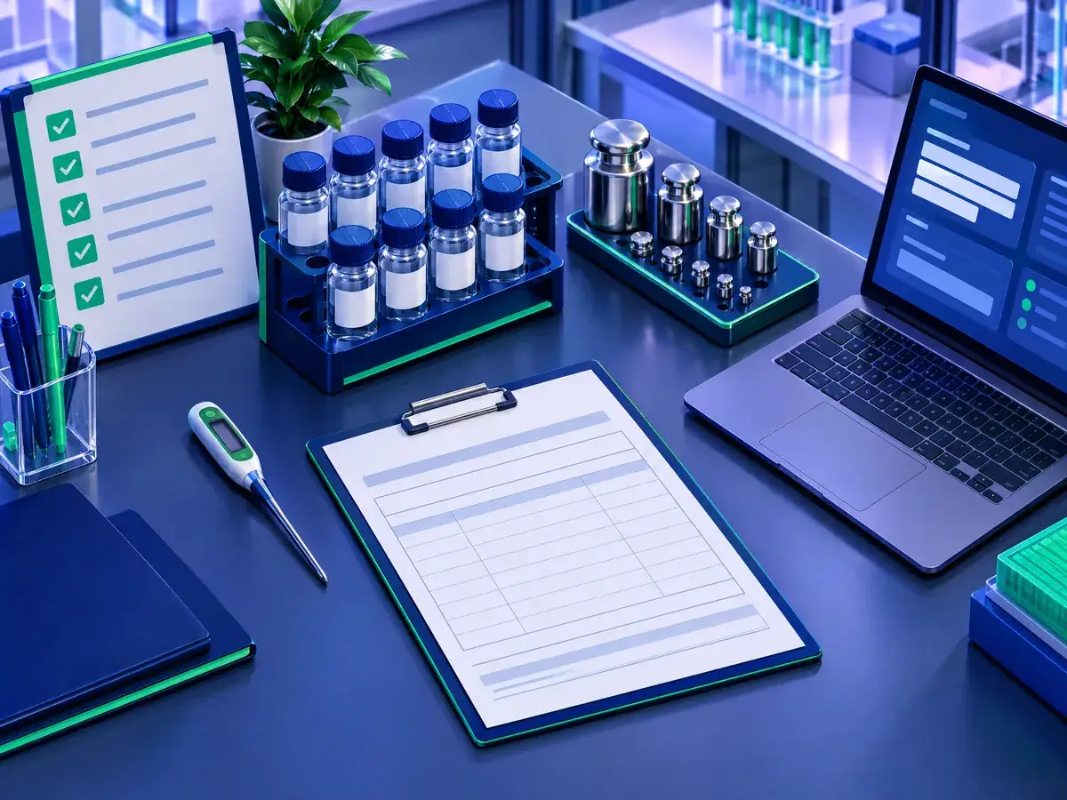 Ilustrasi meja kerja laboratorium dengan papan checklist, botol sampel berlabel kosong, termometer, anak timbangan, dan laptop berisi form