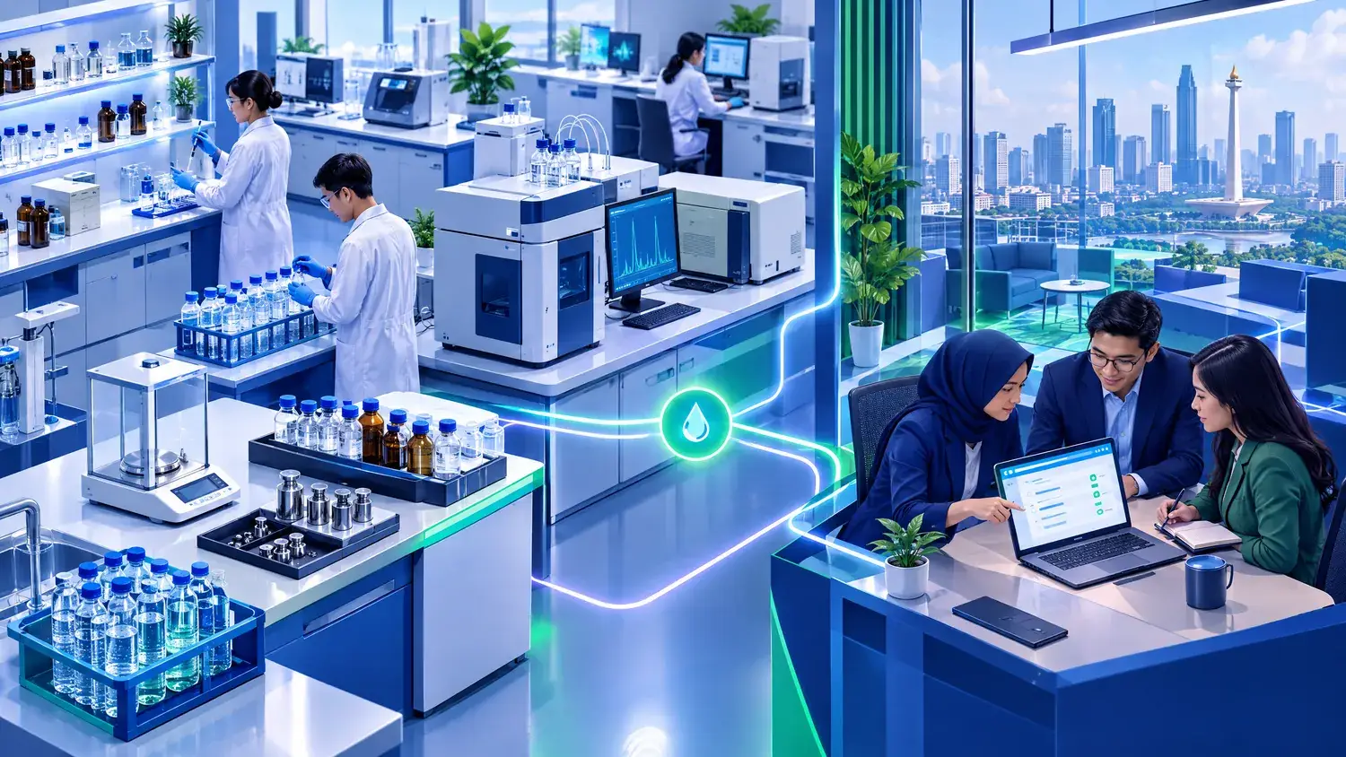 Ilustrasi laboratorium modern dengan botol sampel, alat ukur, dan timbangan, terhubung ke form permintaan penawaran di layar laptop