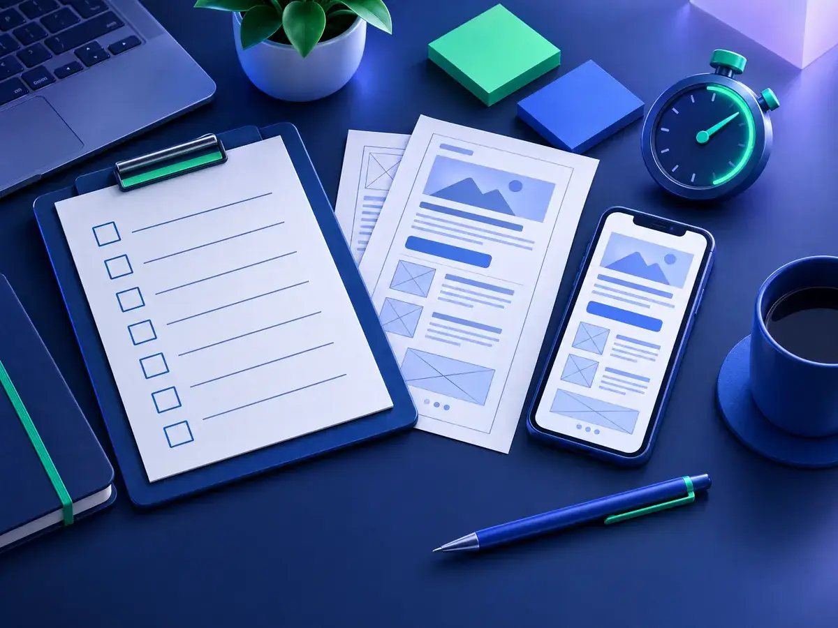 Ilustrasi meja kerja dengan checklist, sketsa wireframe halaman, dan ponsel