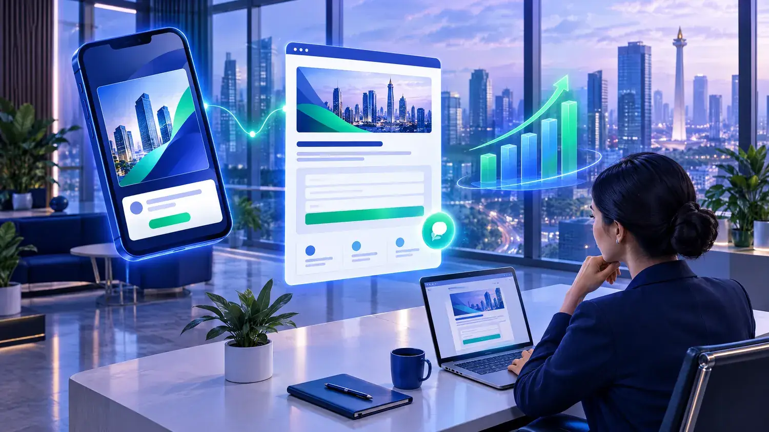 Ilustrasi iklan di ponsel yang mengarah ke landing page dengan form dan tombol WhatsApp