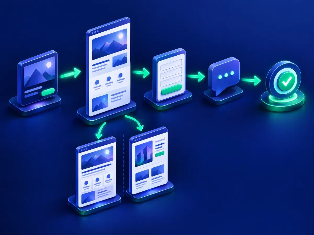 Ilustrasi alur dari iklan ke landing page lalu ke form dan WhatsApp, dengan grafik konversi