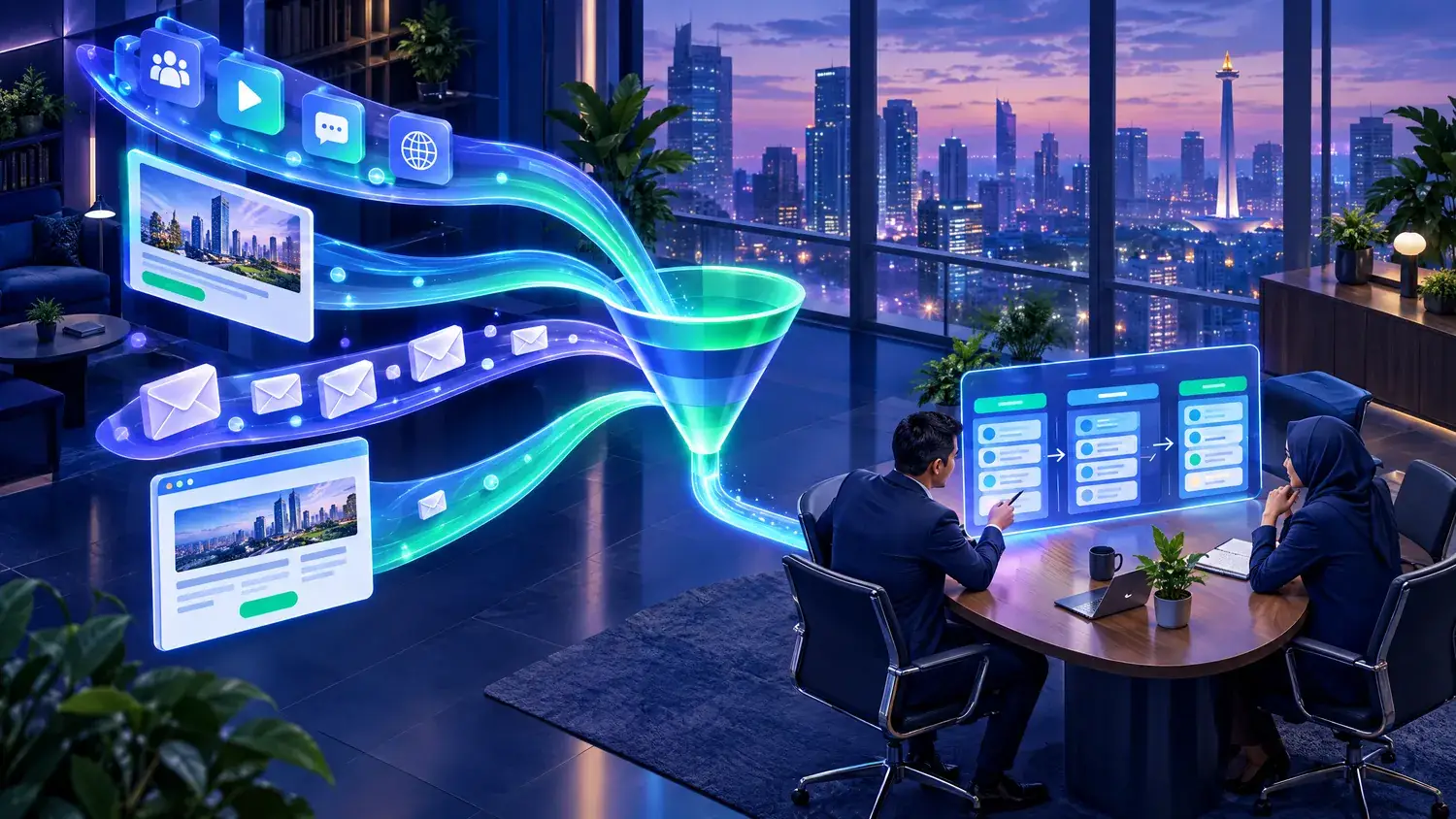 Ilustrasi beberapa kanal pemasaran B2B yang mengalir ke satu pipeline menuju tim sales di kantor Jakarta