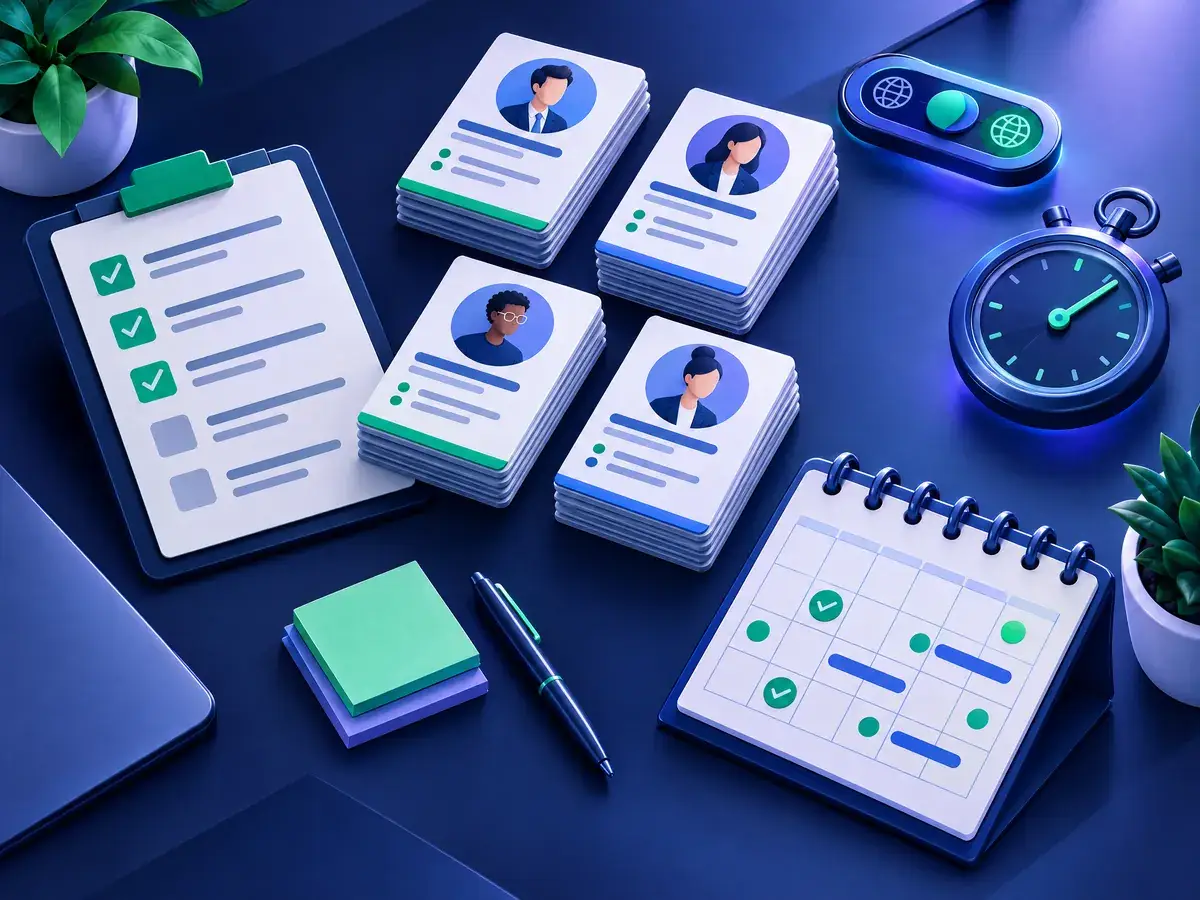 Illustration of a planning desk with an audience checklist, profile cards and a follow-up schedule