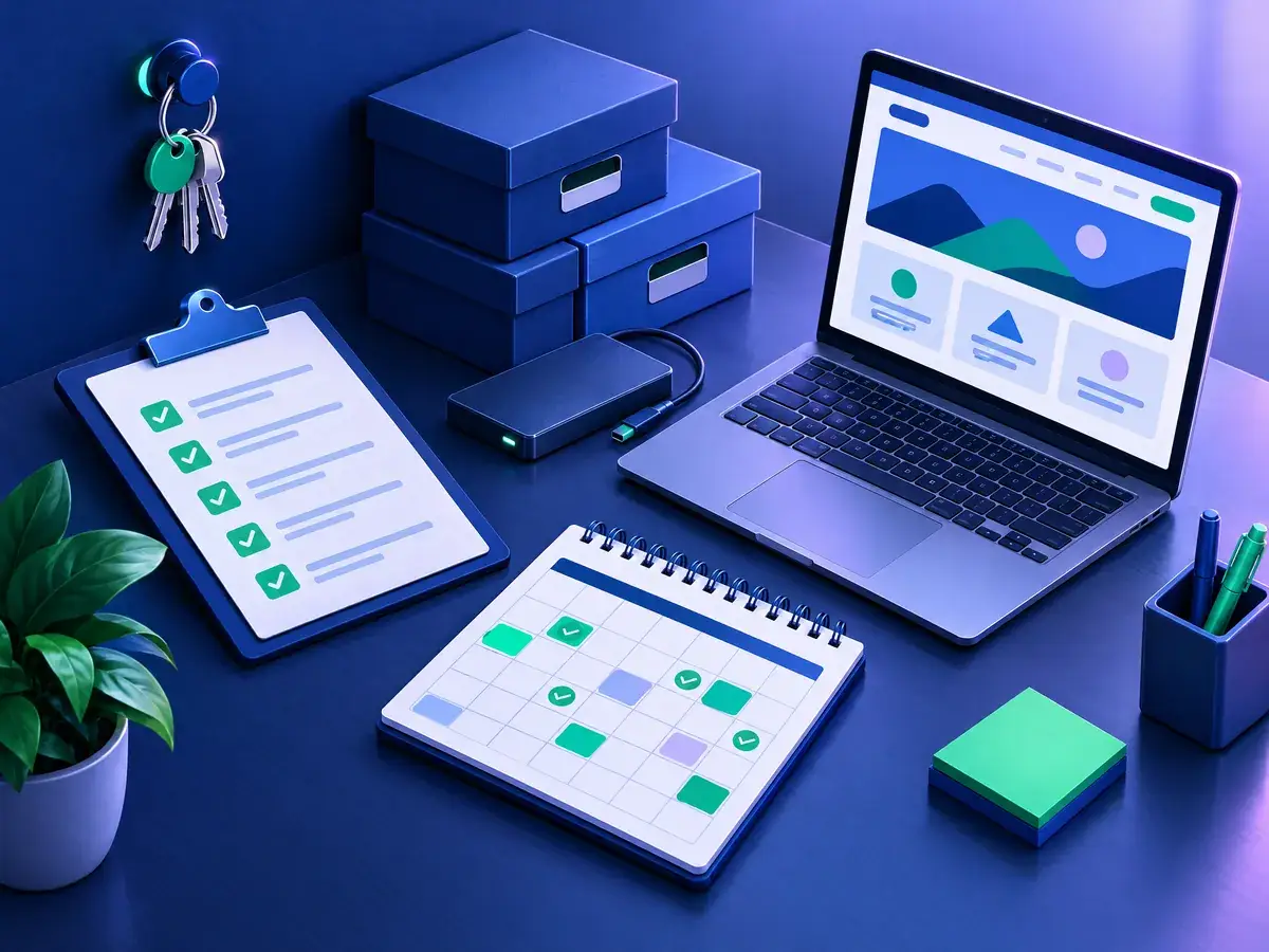 Ilustrasi meja kerja dengan checklist perawatan website, kunci akses, arsip backup, dan kalender bulanan