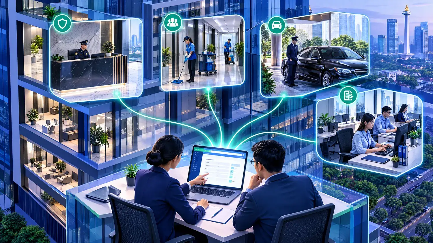 Ilustrasi gedung kantor dengan petugas security, tim cleaning service, driver, dan staf admin yang terhubung ke form permintaan penawaran di laptop tim HR