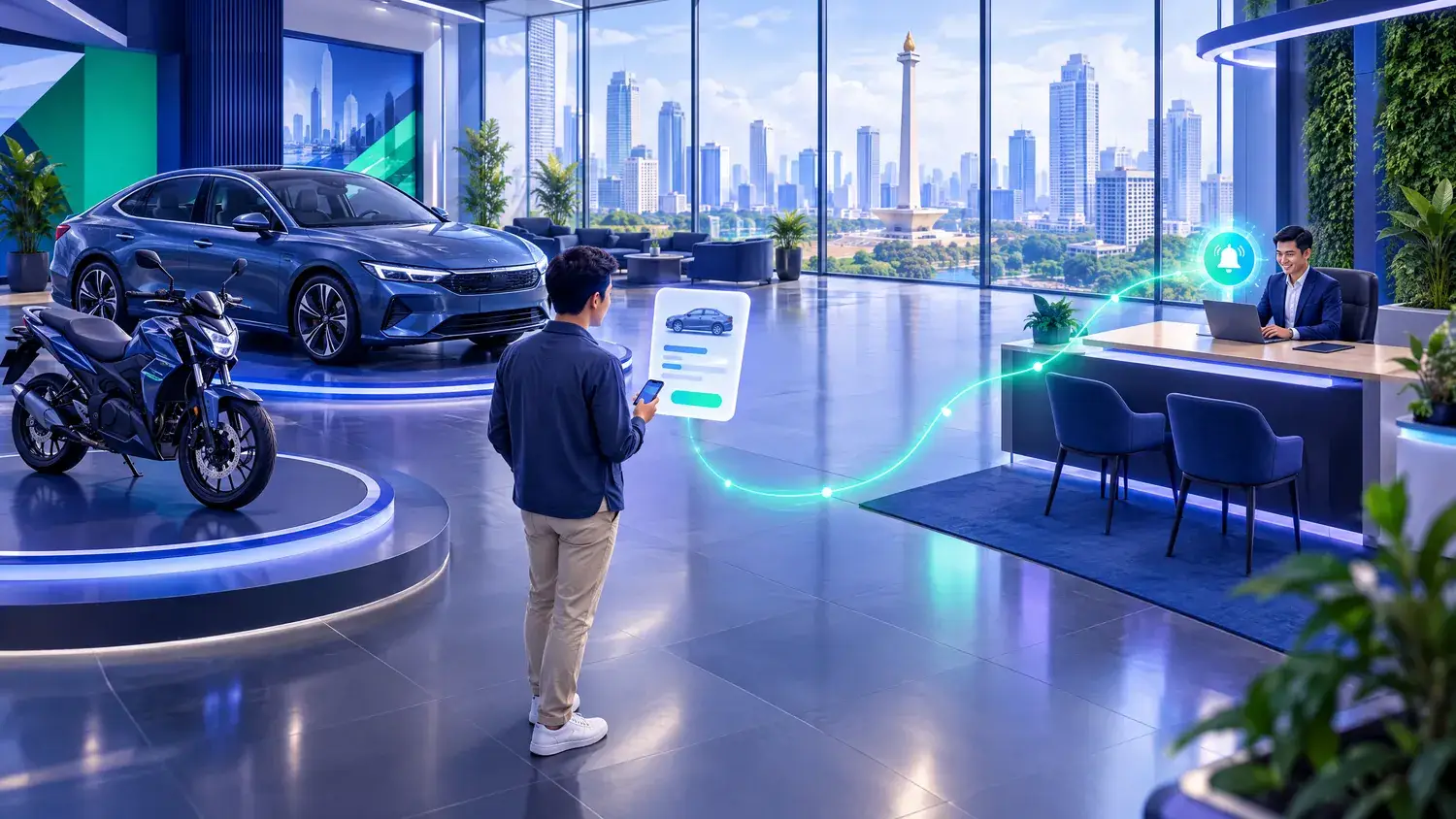 Ilustrasi showroom kendaraan di Jakarta dengan calon pembeli yang mengisi form test drive di ponsel dan sales yang menerima notifikasi lead