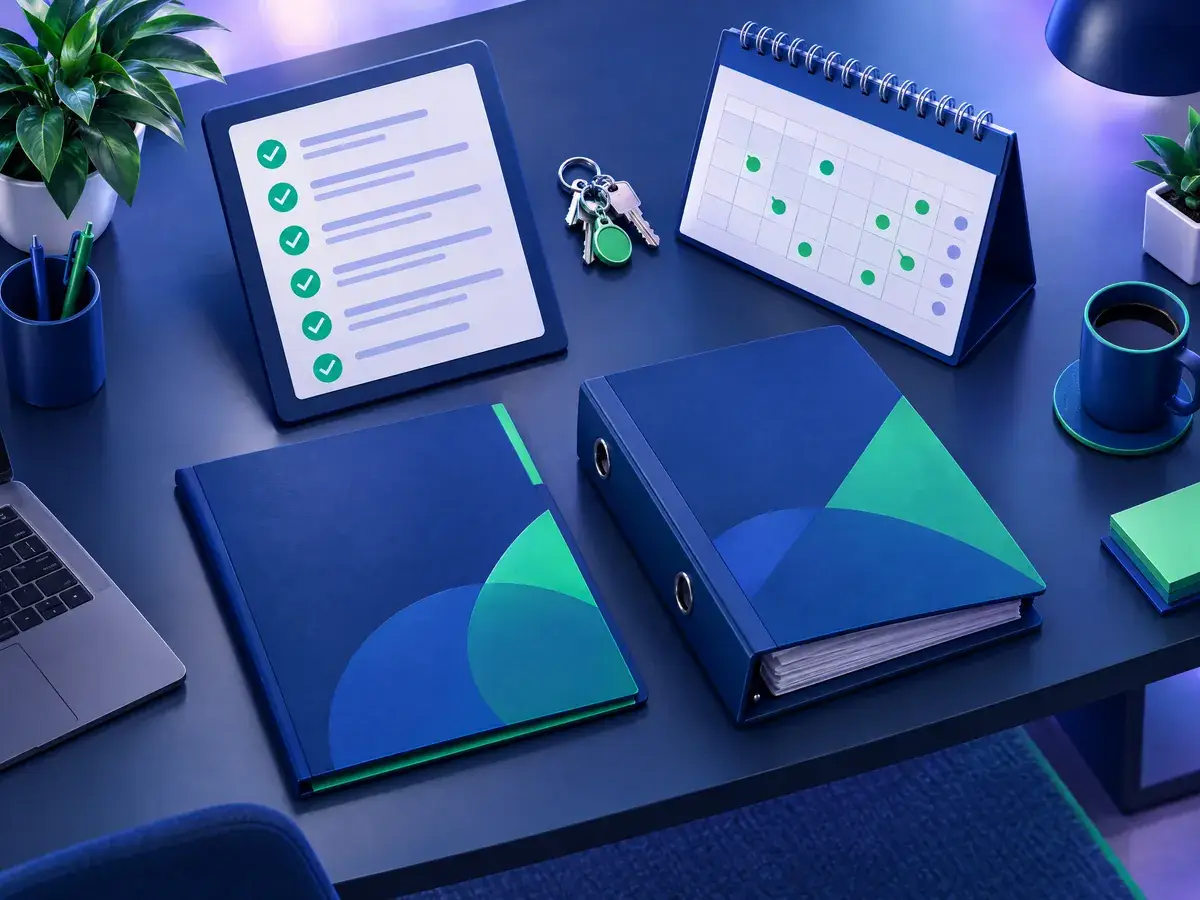 Ilustrasi meja kerja dengan checklist onboarding vendor, kunci akses, kalender review, dan map serah terima