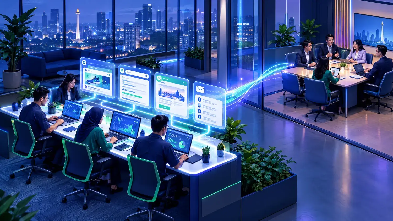 Ilustrasi tim marketing eksternal yang terhubung dengan tim sales di kantor Jakarta melalui satu meja kerja bersama