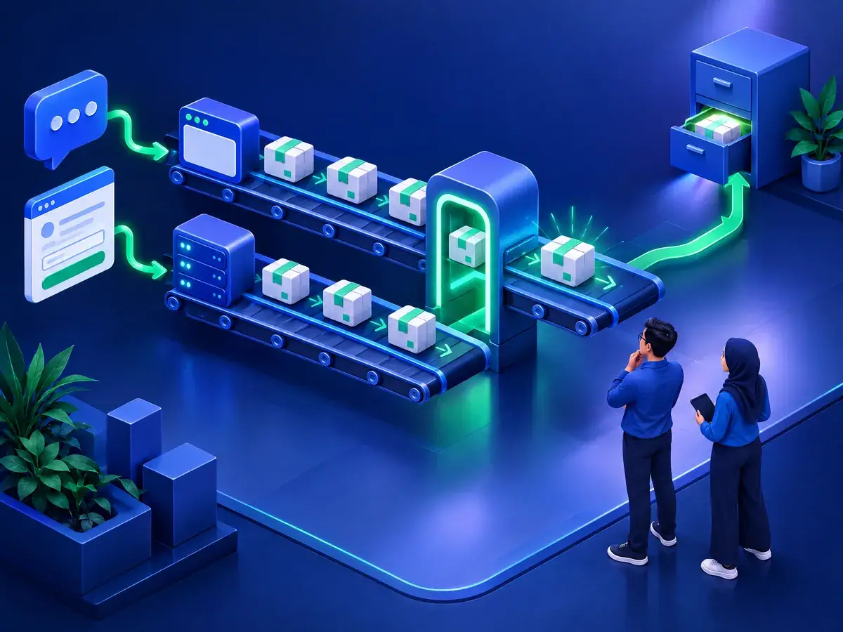 Ilustrasi jalur browser dan jalur server yang membawa paket data identik, lalu menyatu di satu gerbang pemeriksaan