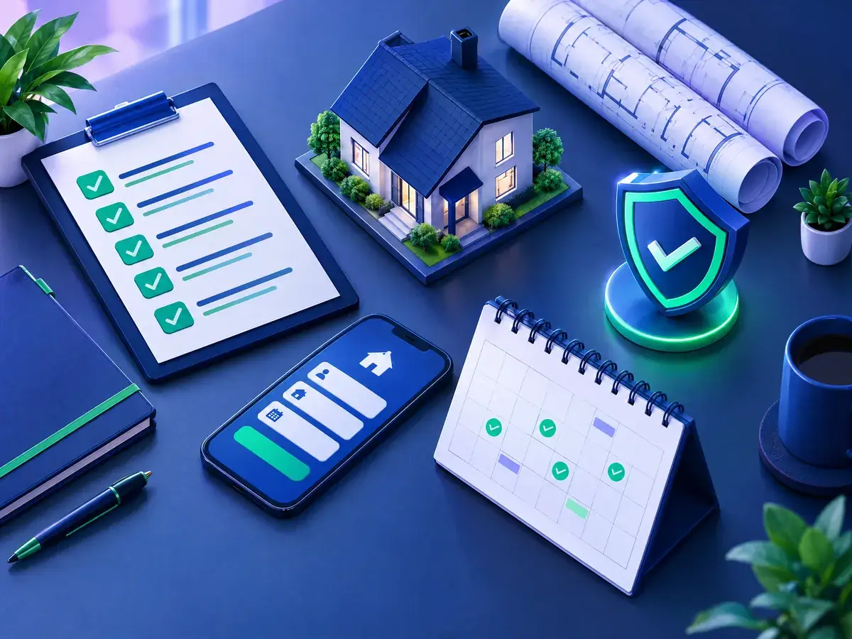 Ilustrasi meja kerja tim marketing properti dengan papan checklist, maket rumah, denah unit, ponsel, dan kalender jadwal survei