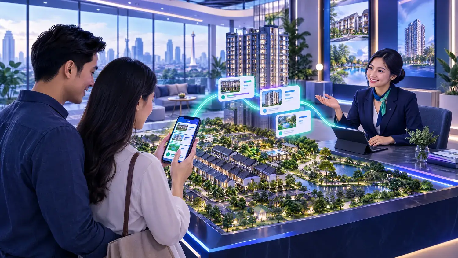 Ilustrasi calon pembeli rumah melihat informasi proyek perumahan di ponsel, terhubung ke marketing gallery dan tim sales di Jakarta