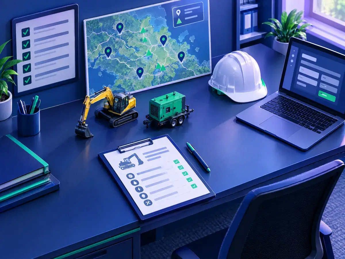 Ilustrasi meja kerja depo rental dengan papan checklist, peta area proyek, model excavator dan genset, helm proyek, dan laptop berisi form