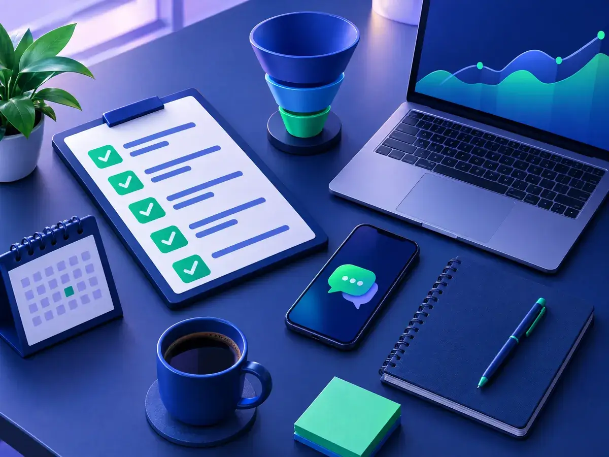 Concept illustration of a desk with a checklist board, a funnel model with three stages, a phone showing a chat bubble and a calendar
