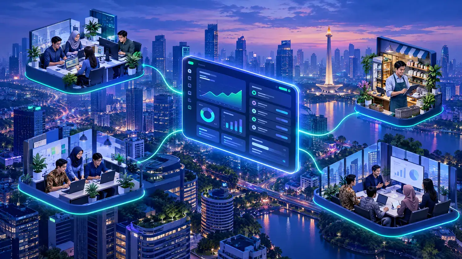 Concept illustration of a software dashboard connected to Indonesian business owners and office teams across a city skyline