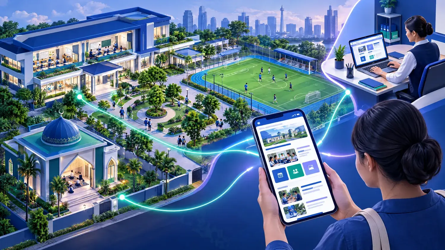 Ilustrasi gedung sekolah modern dengan halaman dan lapangan yang terhubung ke website sekolah di ponsel orang tua dan meja staf administrasi
