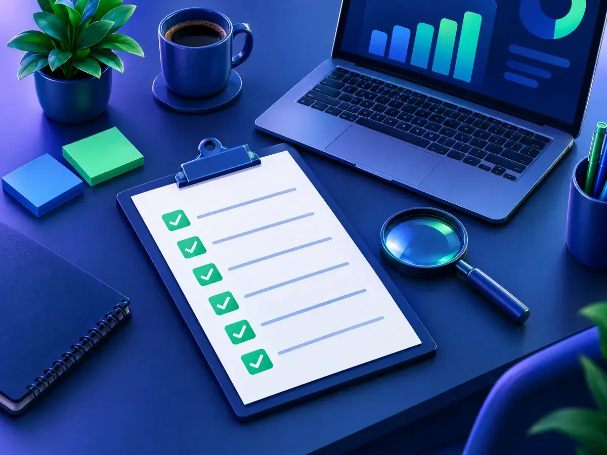 Ilustrasi meja kerja dengan checklist audit SEO, laptop, dan catatan prioritas halaman